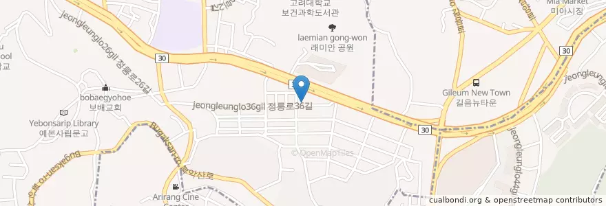 Mapa de ubicacion de 정릉집(백반) en 대한민국, 서울, 성북구, 정릉1동.