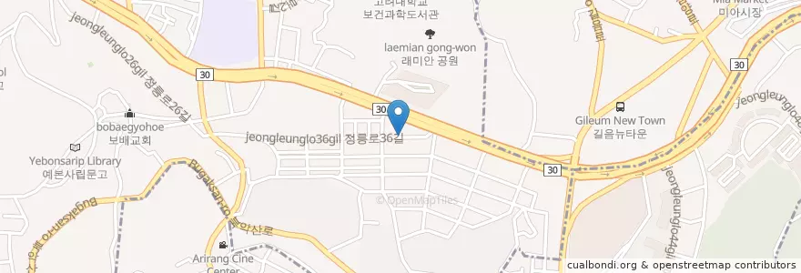 Mapa de ubicacion de 머루나무감자탕 en Corée Du Sud, Séoul, 성북구, 정릉1동.