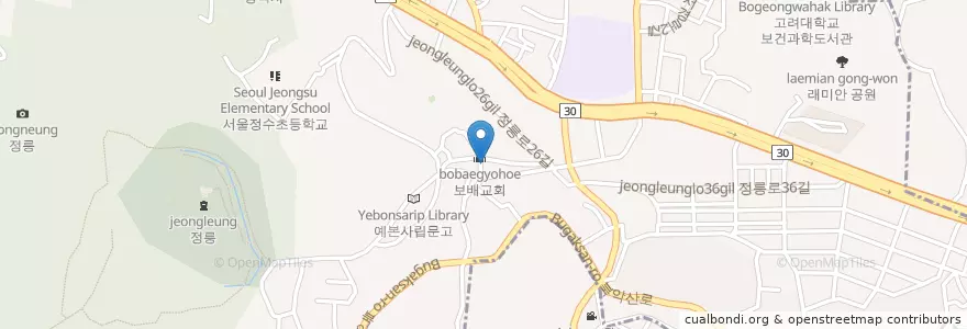 Mapa de ubicacion de 정릉보배교회 en 대한민국, 서울, 성북구.