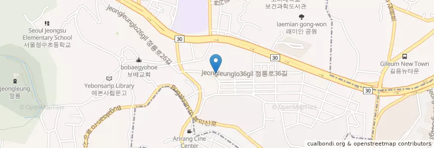 Mapa de ubicacion de 올레오칼국수 en Zuid-Korea, Seoel, 성북구, 정릉1동.