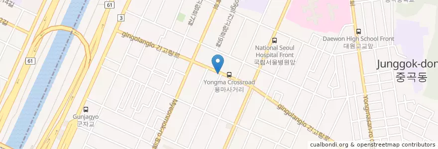 Mapa de ubicacion de 문한리필(돼지고기) en 대한민국, 서울, 광진구, 중곡1동.