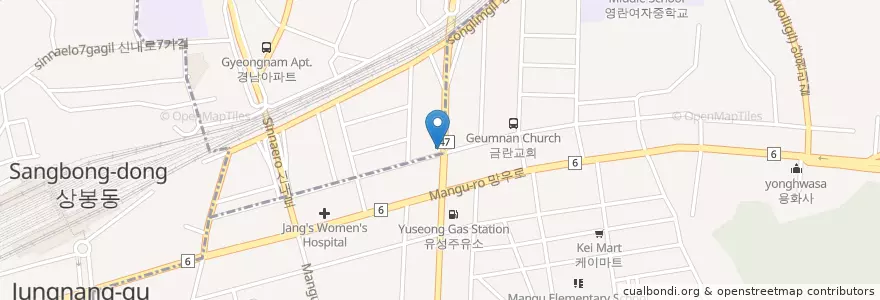 Mapa de ubicacion de 돈까스김밥 en 대한민국, 서울, 중랑구, 망우본동.