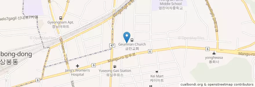 Mapa de ubicacion de 칠성노래방 en Güney Kore, Seul, 중랑구, 망우본동.