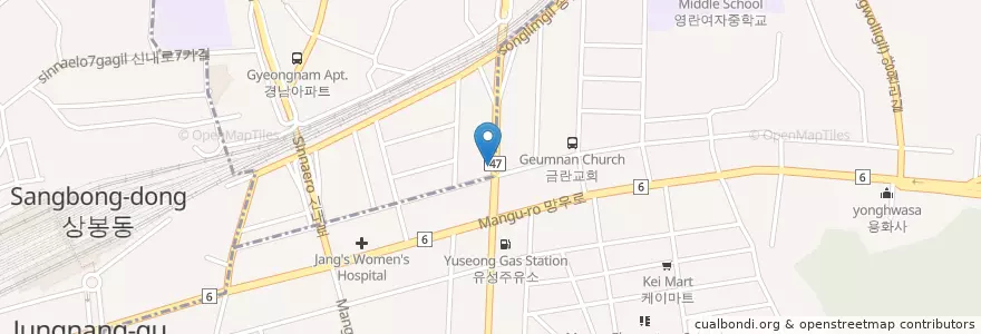 Mapa de ubicacion de 오성노래방 en 대한민국, 서울, 중랑구, 망우본동.