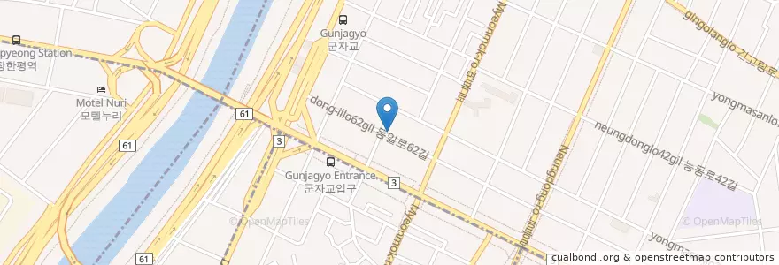 Mapa de ubicacion de 시현식당(생삼겹뼈감자탕) en 대한민국, 서울, 광진구, 중곡1동.