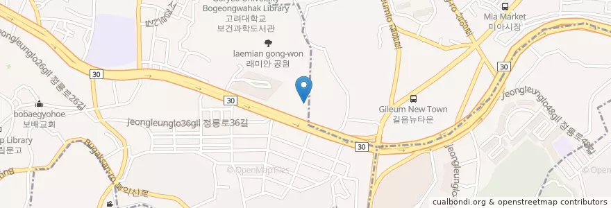 Mapa de ubicacion de 예인찬 en 대한민국, 서울, 성북구, 길음1동, 길음1동, 정릉1동.