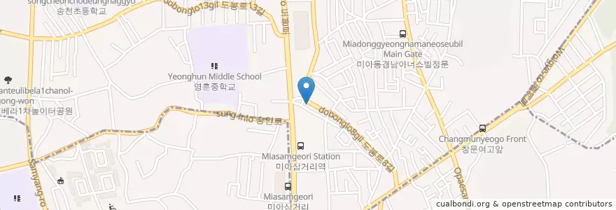 Mapa de ubicacion de 오복닭한마리 en Corée Du Sud, Séoul, 강북구, 성북구, 송중동.