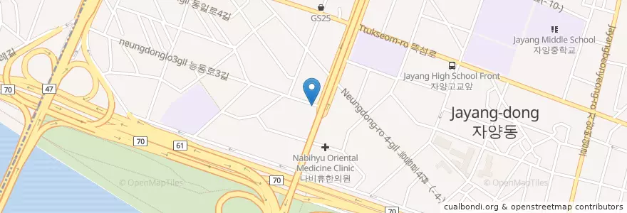 Mapa de ubicacion de 엄마김밥 en Республика Корея, Сеул, 광진구, 자양4동.