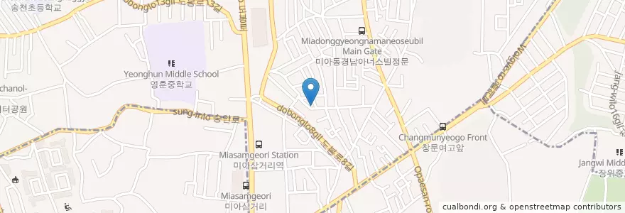 Mapa de ubicacion de 삼성소곱창.청춘닭탕 en Güney Kore, Seul, 강북구, 성북구, 송중동.