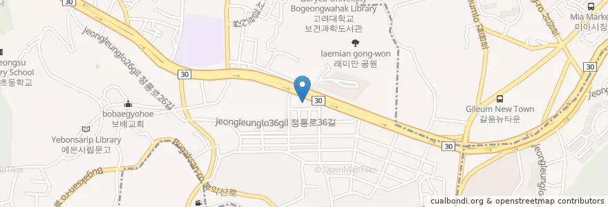Mapa de ubicacion de 열린산후조리원 en Coreia Do Sul, Seul, 성북구, 정릉1동.