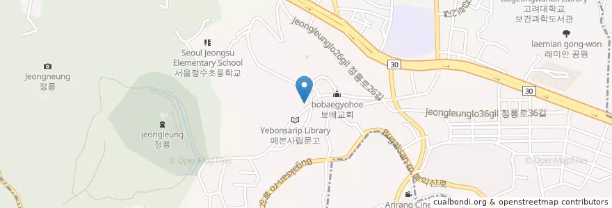 Mapa de ubicacion de 옐로치킨07.바로돈까스 en Corée Du Sud, Séoul, 성북구, 정릉2동.