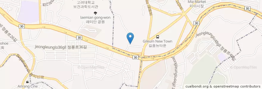 Mapa de ubicacion de 한아름곱창 en Coreia Do Sul, Seul, 성북구, 정릉1동.