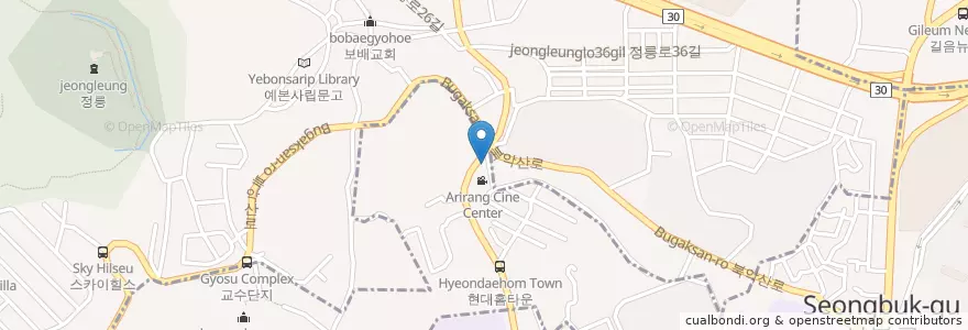 Mapa de ubicacion de 아리랑시네미디어센터 en Korea Selatan, 서울, 성북구, 돈암2동.