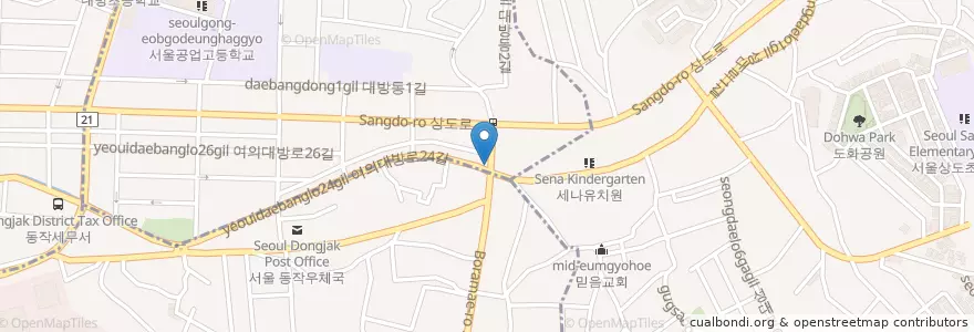 Mapa de ubicacion de 엉터리생고기2F               우리독도참치 en 大韓民国, ソウル, 銅雀区.