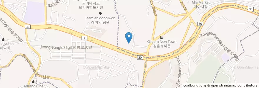 Mapa de ubicacion de 비어캐빈 en Coreia Do Sul, Seul, 성북구, 길음1동, 길음1동, 정릉1동.