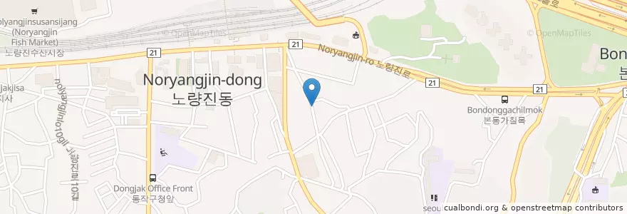 Mapa de ubicacion de 24시코인노래방 en 대한민국, 서울, 동작구, 노량진1동.