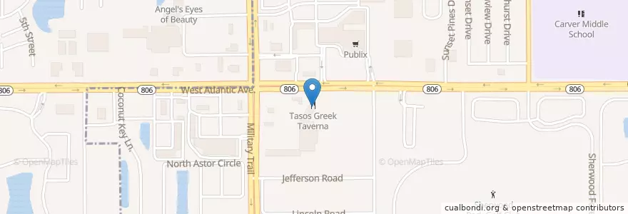 Mapa de ubicacion de Taso's Greek Taverna & Bar en Vereinigte Staaten Von Amerika, Florida, Palm Beach County, Delray Beach.