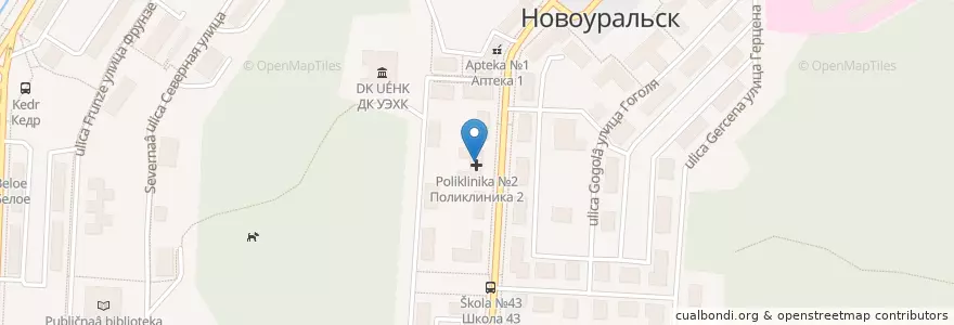 Mapa de ubicacion de Поликлиника №2 en Russland, Föderationskreis Ural, Oblast Swerdlowsk, Горнозаводской Управленческий Округ, Новоуральский Городской Округ.