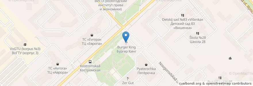 Mapa de ubicacion de Бургер Кинг en Russie, District Fédéral Du Nord-Ouest, Oblast De Vologda, Вологодский Район, Городской Округ Вологда.