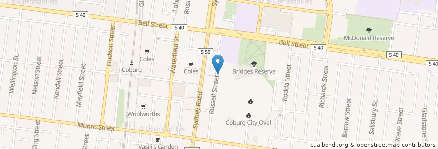 Mapa de ubicacion de Russell Street car park public toilet en Australia, Victoria, City Of Moreland.