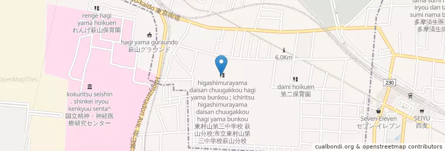 Mapa de ubicacion de 東村山第三中学校 萩山分校;市立東村山第三中学校萩山分校 en Japonya, 東京都, 東村山市, 小平市.