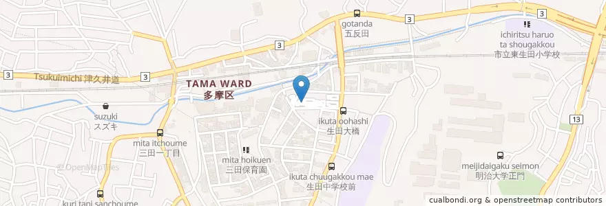 Mapa de ubicacion de 五反田神社 en 일본, 가나가와현, 川崎市, 多摩区.