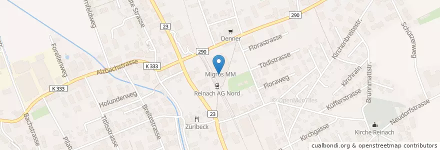 Mapa de ubicacion de Migros Restaurant en 瑞士, Aargau, Bezirk Kulm, Reinach.
