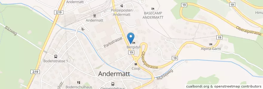 Mapa de ubicacion de Kafi Uela! en Schweiz/Suisse/Svizzera/Svizra, Uri, Korporation Ursern, Andermatt.