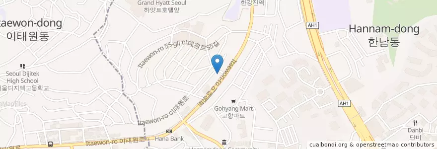 Mapa de ubicacion de 바다식당 en 대한민국, 서울, 용산구, 한남동.