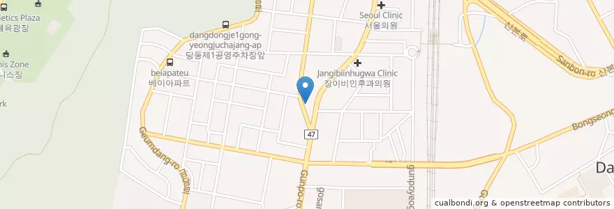 Mapa de ubicacion de 군포경찰서 군포지구대 en 대한민국, 경기도, 군포시, 당동, 군포1동.