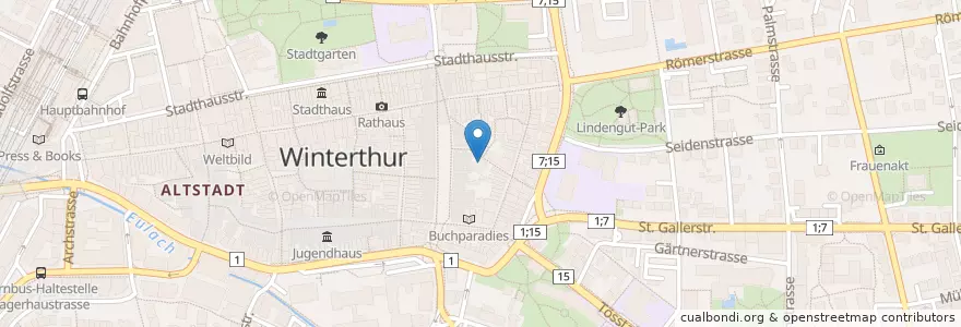 Mapa de ubicacion de Praxis Baronenscheune en 瑞士, 蘇黎世, Bezirk Winterthur, Winterthur.