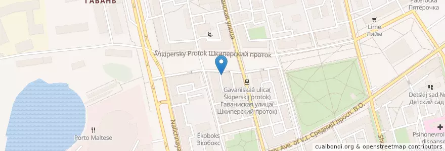 Mapa de ubicacion de Синий крест en Russland, Föderationskreis Nordwest, Oblast Leningrad, Sankt Petersburg, Василеостровский Район, Hafenviertel.