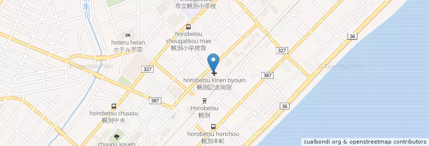 Mapa de ubicacion de 幌別記念病院 en 日本, 北海道, 膽振綜合振興局, 登別市.