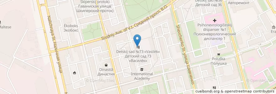 Mapa de ubicacion de Детский сад №73 «Василёк» en Russland, Föderationskreis Nordwest, Oblast Leningrad, Sankt Petersburg, Василеостровский Район, Hafenviertel.