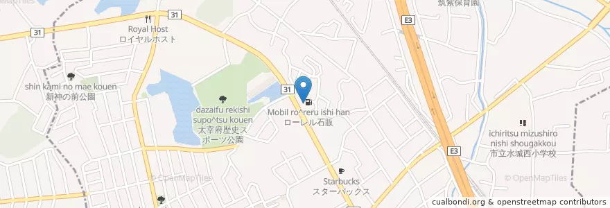 Mapa de ubicacion de Mobil ローレル石販 en Japan, Fukuoka Prefecture, Dazaifu.