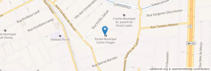 Mapa de ubicacion de Escola Municipal Carlos Chagas en Бразилия, Юго-Восточный Регион, Рио-Де-Жанейро, Região Metropolitana Do Rio De Janeiro, Região Geográfica Imediata Do Rio De Janeiro, Região Geográfica Intermediária Do Rio De Janeiro, Рио-Де-Жанейро.