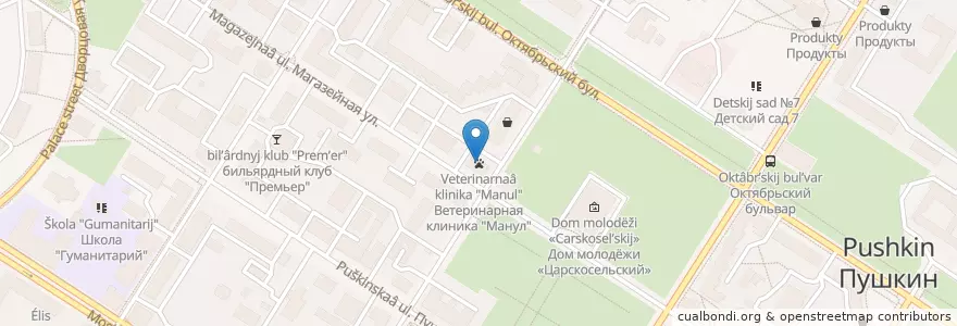 Mapa de ubicacion de Ветеринарная клиника "Манул" en ロシア, 北西連邦管区, レニングラード州, サンクト ペテルブルク, Пушкинский Район, Пушкин.