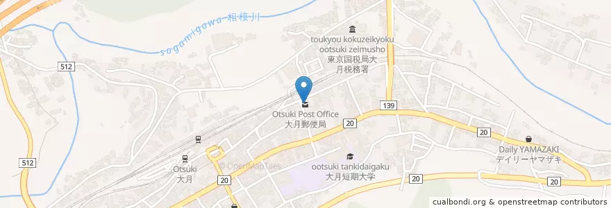 Mapa de ubicacion de 大月郵便局 en 日本, 山梨県, 大月市.