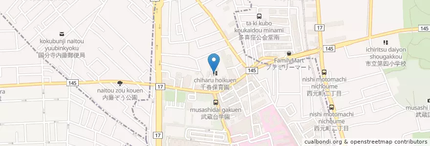 Mapa de ubicacion de 千春保育園 en Japão, Tóquio, 国分寺市, 府中市.