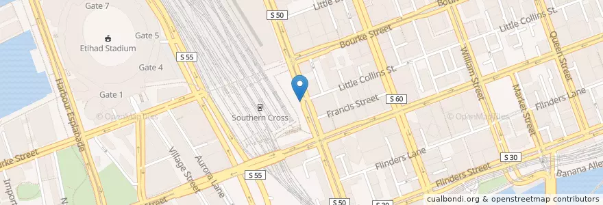 Mapa de ubicacion de Southern Cross Station en Australia, Victoria, City Of Melbourne.