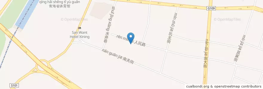 Mapa de ubicacion de 人民街街道 en 중국, 칭하이성, ཟི་ལིང་། 西宁市, 城中区, 人民街街道.
