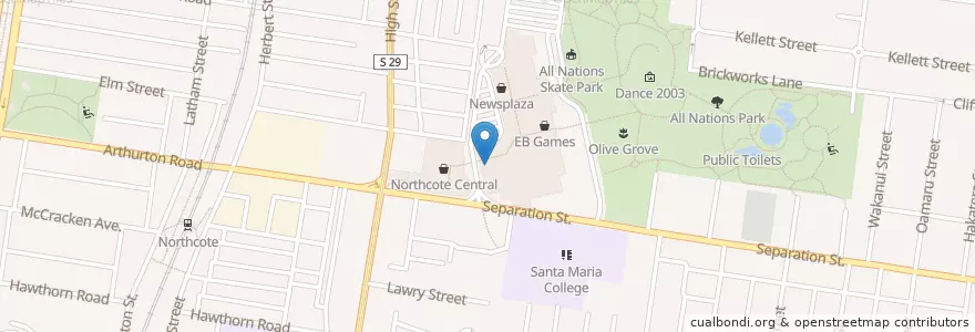 Mapa de ubicacion de Northcote Plaza Post Shop en Avustralya, Victoria, City Of Darebin.
