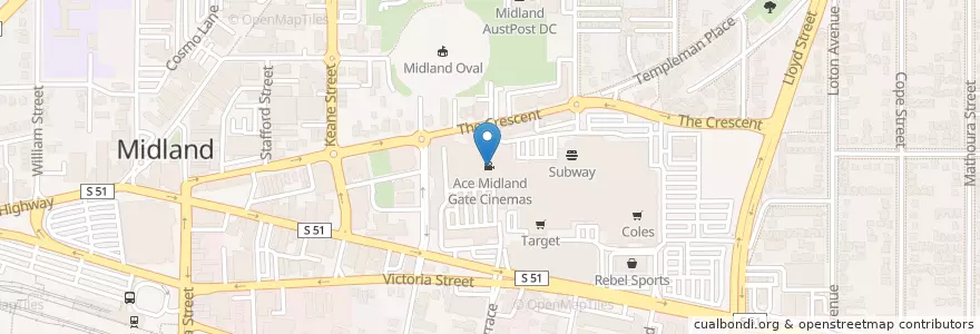 Mapa de ubicacion de Ace Midland Gate Cinemas en Austrália, Austrália Ocidental.