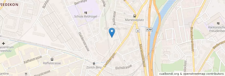 Mapa de ubicacion de Zürich Manesseplatz / Austrasse en Schweiz/Suisse/Svizzera/Svizra, Zürich, Bezirk Zürich, Zürich.