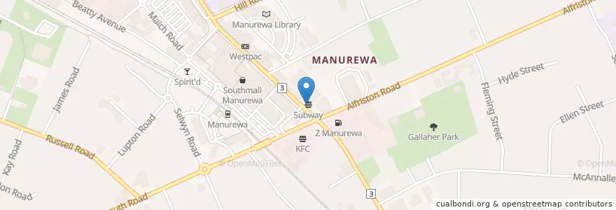 Mapa de ubicacion de Subway en Nova Zelândia, Auckland, Manurewa.