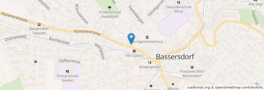 Mapa de ubicacion de Bankomat Raiffeisen en Schweiz, Zürich, Bezirk Bülach, Bassersdorf.