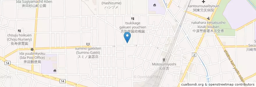 Mapa de ubicacion de 成川薬局 en Japan, Präfektur Kanagawa, 川崎市, 中原区.