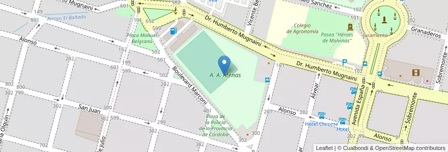 Mapa de ubicacion de A. A. Atenas en 아르헨티나, Córdoba, Departamento Río Cuarto, Pedanía Río Cuarto, Municipio De Río Cuarto, Río Cuarto.