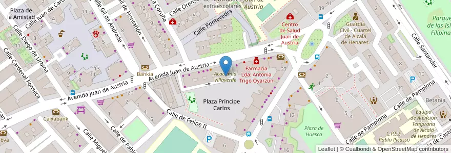 Mapa de ubicacion de Academia Villaverde en Spanje, Comunidad De Madrid, Comunidad De Madrid, Área Metropolitana De Madrid Y Corredor Del Henares, Alcalá De Henares.
