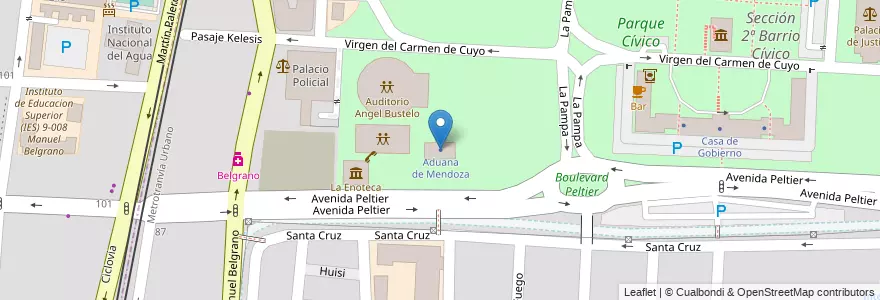 Mapa de ubicacion de Aduana de Mendoza en アルゼンチン, チリ, メンドーサ州, Departamento Capital, Sección 2ª Barrio Cívico, Ciudad De Mendoza.
